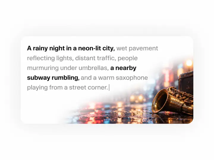 A close view of a detailed sound-description prompt in a minimal interface