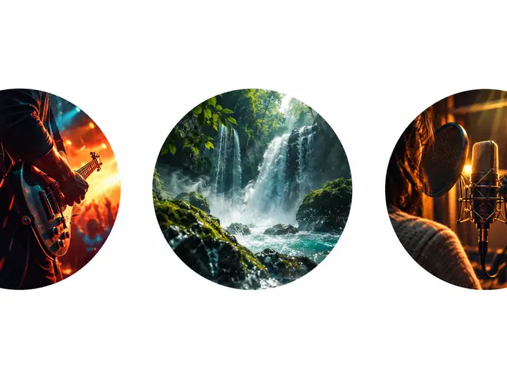 A sequence of colorful circular scenes suggesting different sound ideas